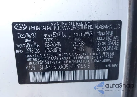 2021 Hyundai Santa Fe Sel from USA, damaged, VIN 5NMS6DAJ5MH315615